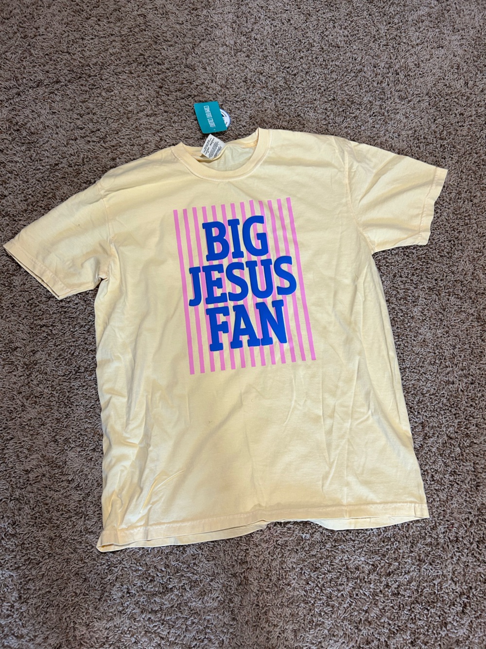 Comfort Colors Cream Tee with Blue Text & Pink Stripes